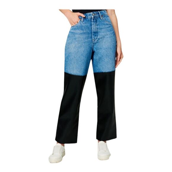 Blank NYC Jeans Womens 26 Blue Baxter Wide Leg Rib Cage Moto Faux Leather Biker - Picture 12 of 12